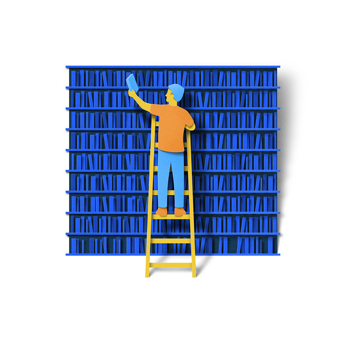 Man on ladder in library illustration